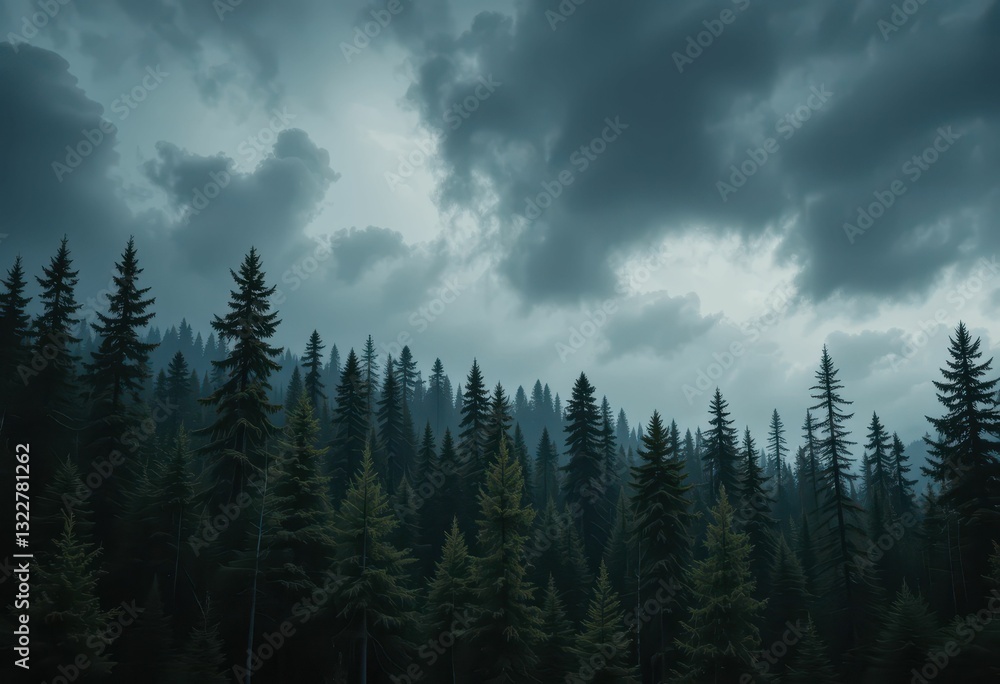 Misty Forest Landscape with Dark Clouds and Evergreen Trees Misty Forest Landscape with Dark Clouds and Evergreen Trees