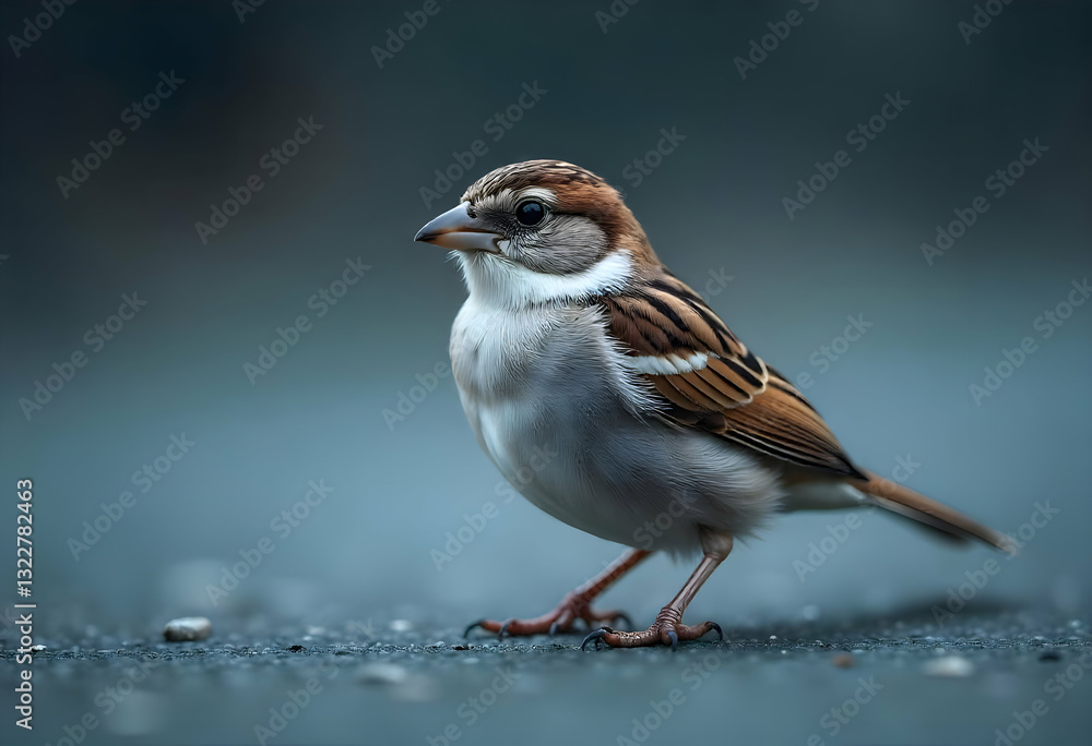 A small bird stands on the ground looking around peacefully A small bird stands on the ground looking around peacefully