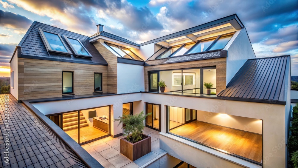 Fototapeta premium Modern flat house with angular skylights in a contemporary urban setting , contemporary home, skylight windows