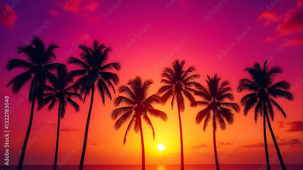 Silhouetted palm trees stand against a vibrant sunset sky, showcasing a gradient of orange to purple, creating a warm and inviting atmosphere of relaxation and tropical beauty. Silhouetted palm trees stand against a vibrant sunset sky, showcasing a gradient of orange to purple, creating a warm and inviting atmosphere of relaxation and tropical beauty.