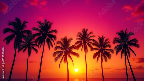 Silhouetted palm trees stand against a vibrant sunset sky, showcasing a gradient of orange to purple, creating a warm and inviting atmosphere of relaxation and tropical beauty.