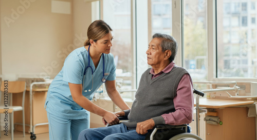 Female nurse assisting elderly hispanic man in wheelchair at bright care facility