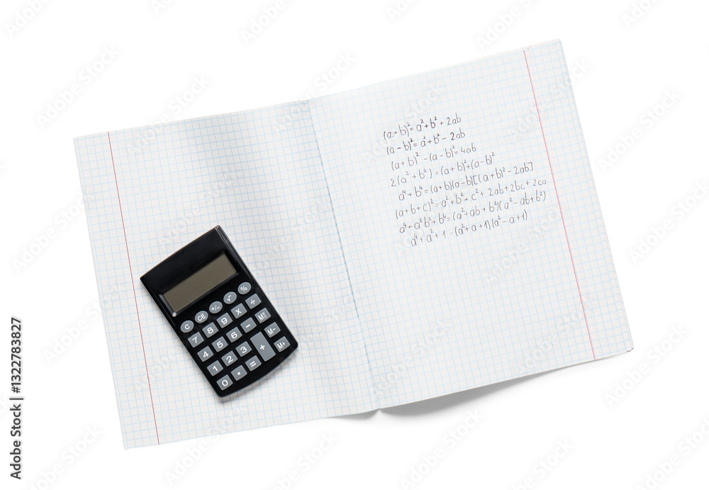 Copybook with handwritten maths formulas and calculator isolated on white background Copybook with handwritten maths formulas and calculator isolated on white background