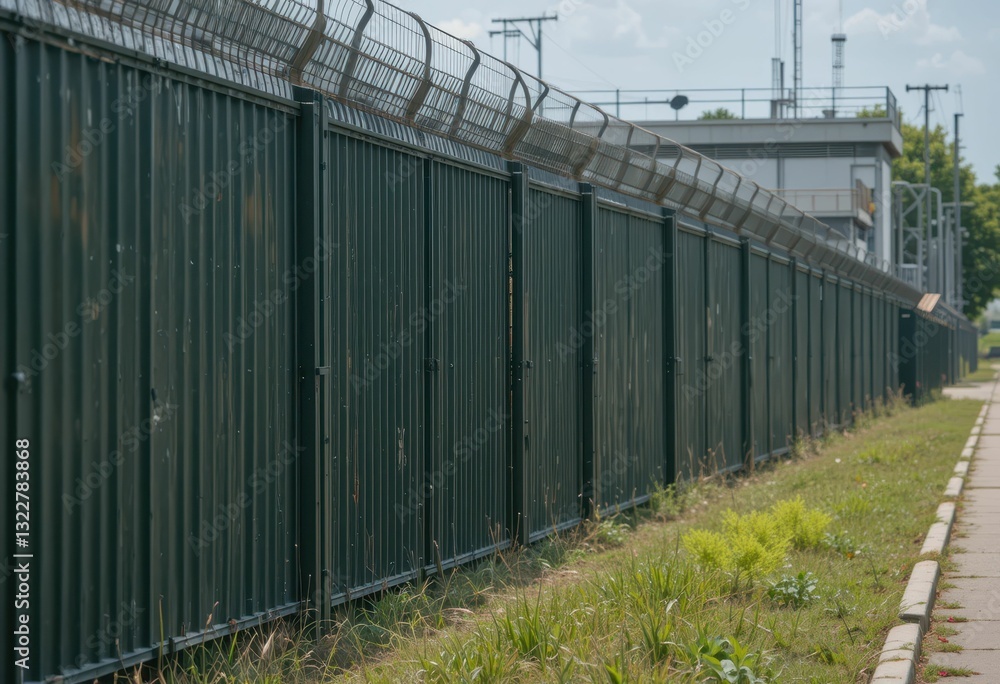 Industrial Metal Fence with Barbed Wire Surrounding Property Industrial Metal Fence with Barbed Wire Surrounding Property