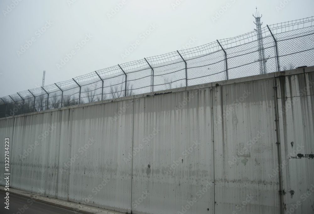 Fototapeta premium Gray Concrete Wall with Razor Wire and Fog in Urban Environment