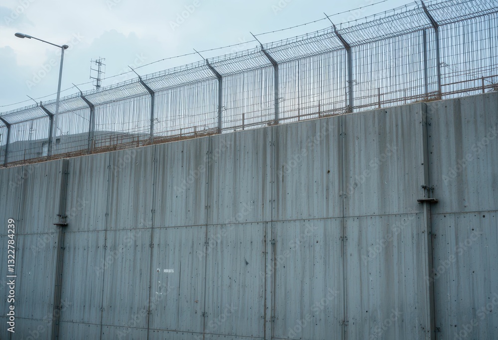 Security Fence with Barbed Wire and Concrete Wall in Urban Setting Security Fence with Barbed Wire and Concrete Wall in Urban Setting