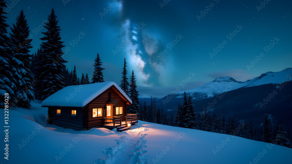 A rustic wooden cabin sits in a snow-covered landscape under a starry sky, with the Milky Way visible, evoking warmth and solitude in a magical winter night setting. A rustic wooden cabin sits in a snow-covered landscape under a starry sky, with the Milky Way visible, evoking warmth and solitude in a magical winter night setting.