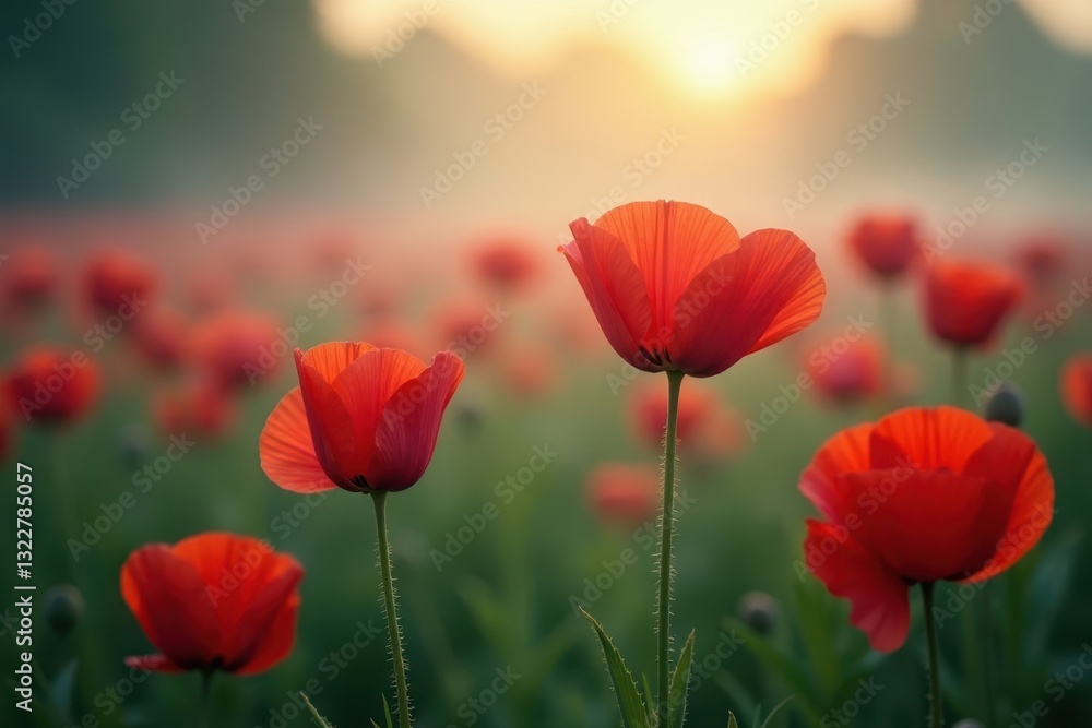 Naklejka premium Crimson poppy blossoms emerge from swirling morning fog, sunlit petals , tranquil, peaceful