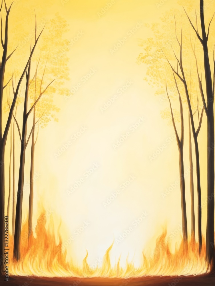 Obraz premium Forest Fire at Dawn - A serene yet intense depicting a forest fire at sunrise, the flames licking at the base of slender trees silhouetted against a pale yellow sky