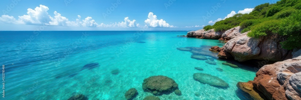 Crystal clear lagoon, vibrant coral reef visible , ocean, scenic Crystal clear lagoon, vibrant coral reef visible , ocean, scenic