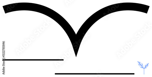 Abstract black curved shape with two parallel lines and a tiny blue branching figure. Ideal for growth, balance, wings, minimalism, design concepts, structure, freedom. Flat simple metaphor