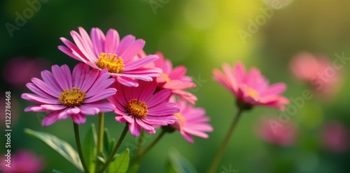 Clusters of vibrant pink New York asters against a gently blurred green , fall, garden, macro
