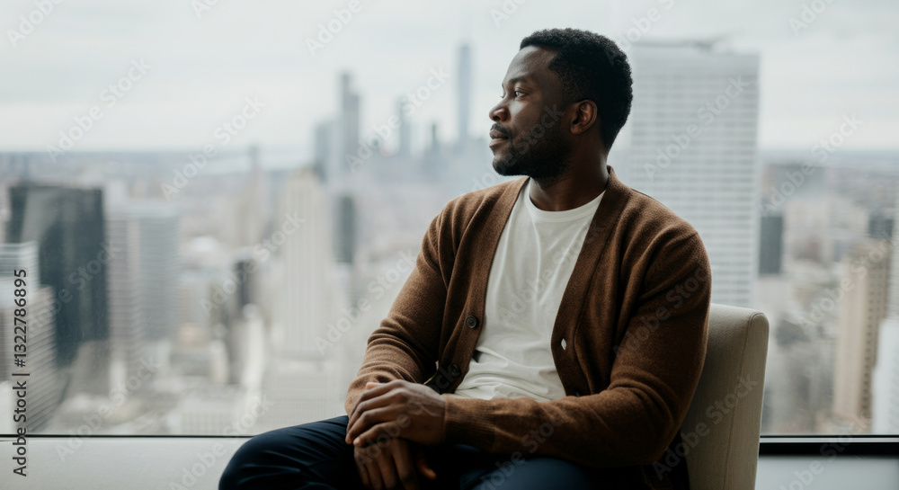 Fototapeta premium African male adult contemplating skyline in urban setting