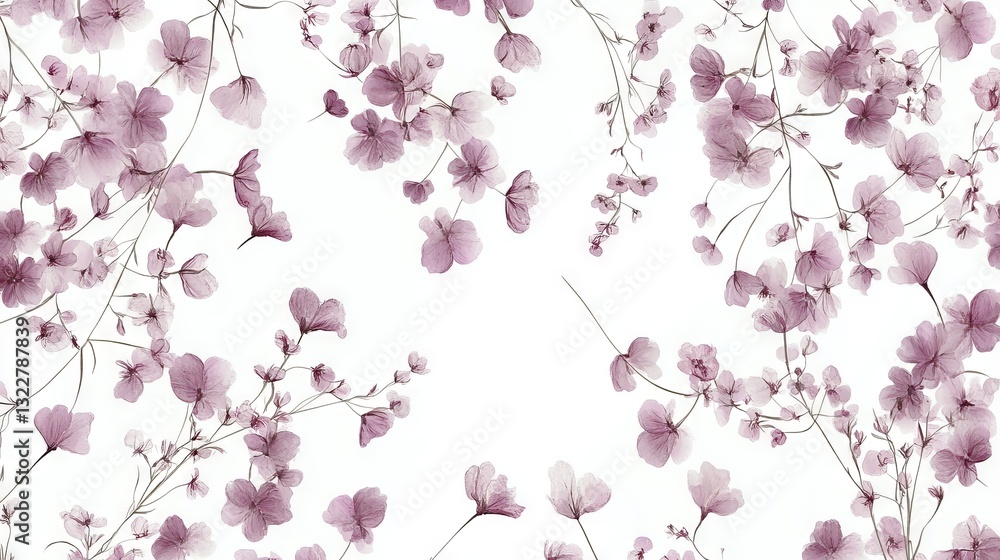 Obraz premium 95.A charming vintage seamless pattern with tiny mauve and lilac flowers, set against a clean white backdrop. The intricate, realistic floral design evokes a romantic, vintage-inspired mood, perfect