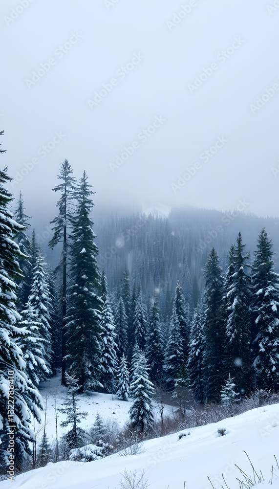 Fototapeta premium Panoramic view of the wilderness natural forest on winter snowfall, realistic. with white shades