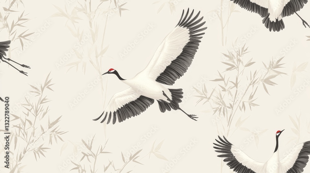 Fototapeta premium 32.A graceful seamless pattern featuring elegant cranes in flight, surrounded by delicate bamboo stalks. The design combines traditional Japanese motifs, with detailed line art capturing the birds’