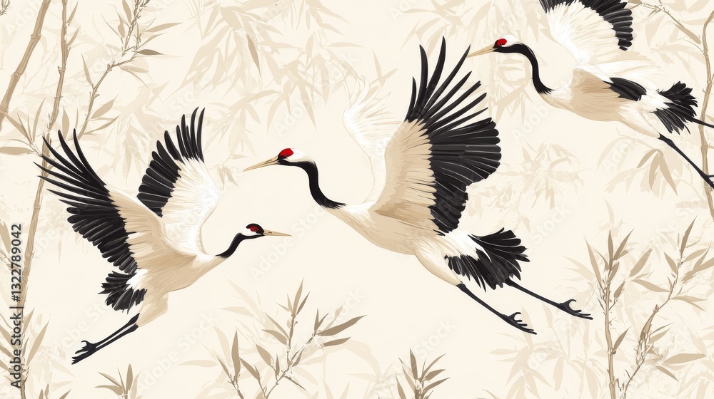 Fototapeta premium 32.A graceful seamless pattern featuring elegant cranes in flight, surrounded by delicate bamboo stalks. The design combines traditional Japanese motifs, with detailed line art capturing the birdsâ€™