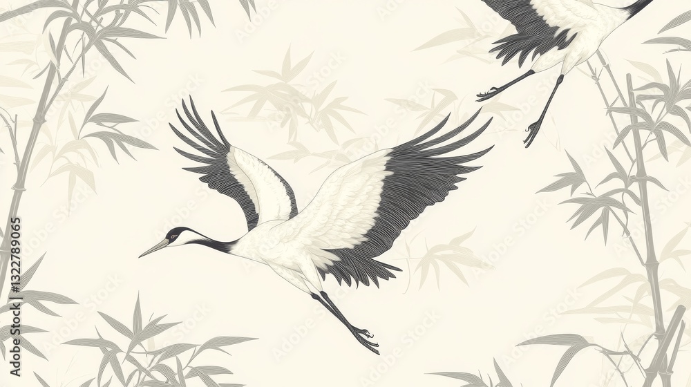 Fototapeta premium 32.A graceful seamless pattern featuring elegant cranes in flight, surrounded by delicate bamboo stalks. The design combines traditional Japanese motifs, with detailed line art capturing the birds’