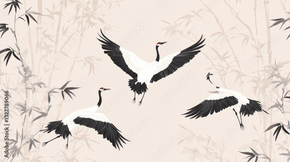 Fototapeta premium 32.A graceful seamless pattern featuring elegant cranes in flight, surrounded by delicate bamboo stalks. The design combines traditional Japanese motifs, with detailed line art capturing the birds’