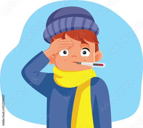 Boy Suffering from Fever and Viral Illness Vector Character. Kid feeling bad having high temperature wearing warm clothing during winter 
