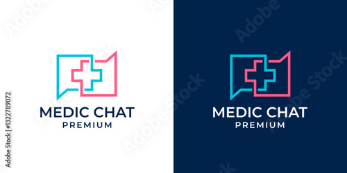 Medical healthconsultation Logo Design. Cross medical logo with chat bubble design graphic symbol icon vector. Vector logo design of chat, talk, consult, medic, health, doctor.
