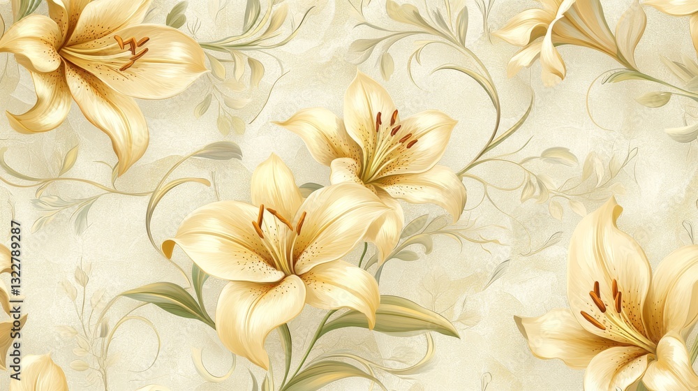 70.An intricate seamless pattern featuring golden lilies in full bloom, surrounded by elegant vines and leaves, all in a soft, muted color palette. The vintage aesthetic and luxurious floral details 70.An intricate seamless pattern featuring golden lilies in full bloom, surrounded by elegant vines and leaves, all in a soft, muted color palette. The vintage aesthetic and luxurious floral details