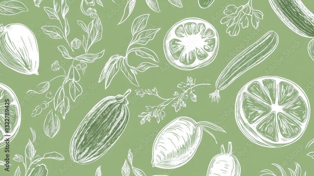 112.A linear style seamless vegetable pattern, featuring detailed, hand-drawn illustrations of fresh produce like tomatoes, cucumbers, and herbs. The white lines on a muted green background offer a 112.A linear style seamless vegetable pattern, featuring detailed, hand-drawn illustrations of fresh produce like tomatoes, cucumbers, and herbs. The white lines on a muted green background offer a