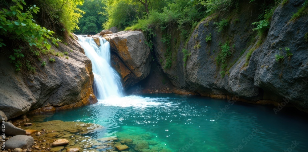 Crystal clear water tumbles over cliff face into emerald pool , emerald, vegetation Crystal clear water tumbles over cliff face into emerald pool , emerald, vegetation
