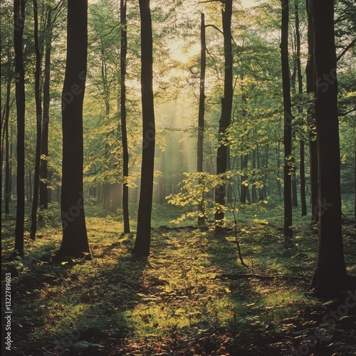Wallpaper Mural Golden sunlight filters through the lush green canopy of a dense forest, casting dappled light on the vibrant autumn leaves scattered across the forest floor. Torontodigital.ca