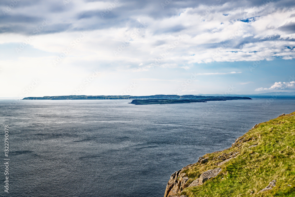 Rathlin Island seen from the cliff top of Fair Head on the north Antrim coast at Ballycastle, N. Ireland