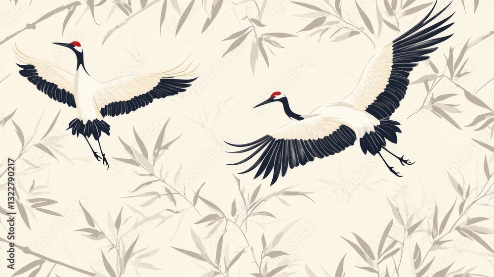 Fototapeta premium 33.A refined Japanese-inspired vector pattern, with cranes soaring gracefully amidst intricate bamboo leaves. The seamless design brings the elegance of nature into focus with a minimalist color