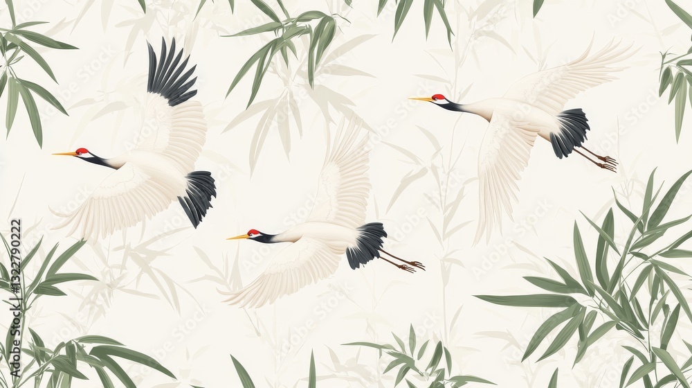 Fototapeta premium 33.A refined Japanese-inspired vector pattern, with cranes soaring gracefully amidst intricate bamboo leaves. The seamless design brings the elegance of nature into focus with a minimalist color