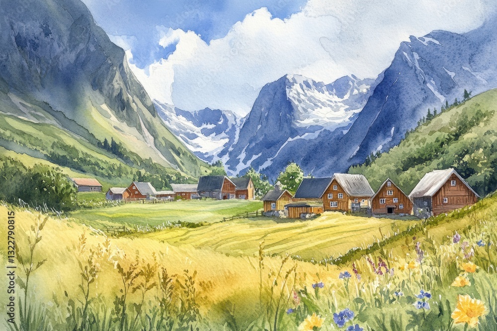 Obraz premium Serene Mountain Landscape with Rustic Cabins and Vibrant Nature