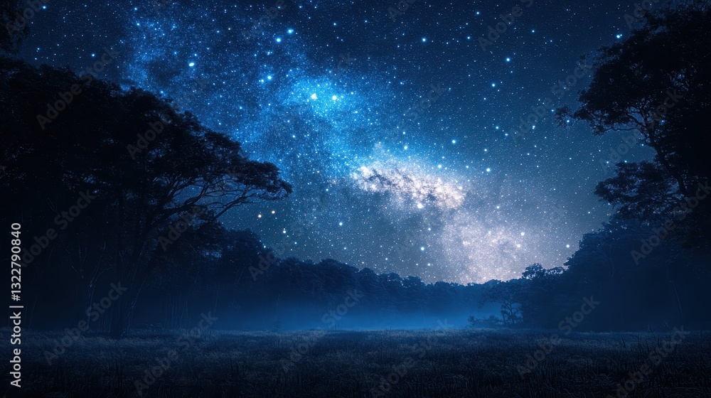 Fototapeta premium A serene starry night sky filled with twinkling stars stretches above silhouetted trees, while a rustic wooden bench in the foreground invites quiet contemplation and stargazing.