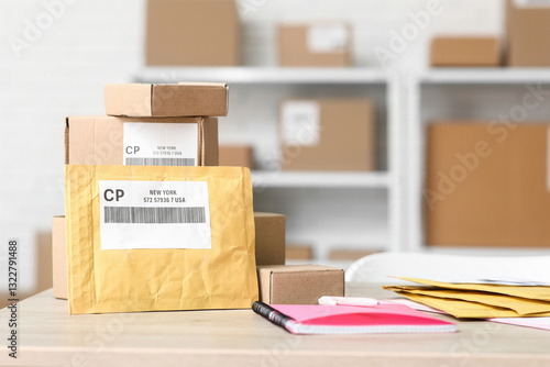 Fotografie Parcels on table at postal warehouse, closeup