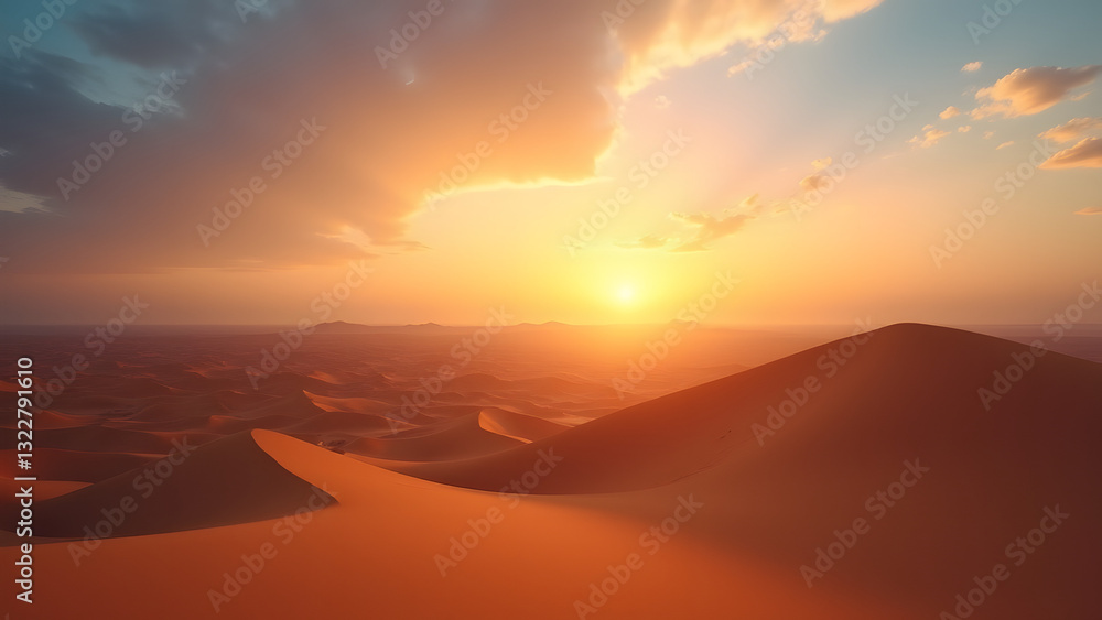 A vast desert landscape at sunset, with rolling sand dunes under a colorful sky of orange and gold, evoking tranquility and the beauty of nature in a serene setting. A vast desert landscape at sunset, with rolling sand dunes under a colorful sky of orange and gold, evoking tranquility and the beauty of nature in a serene setting.