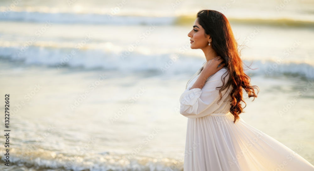 Young hispanic female in white dress strolling on beach at sunset
