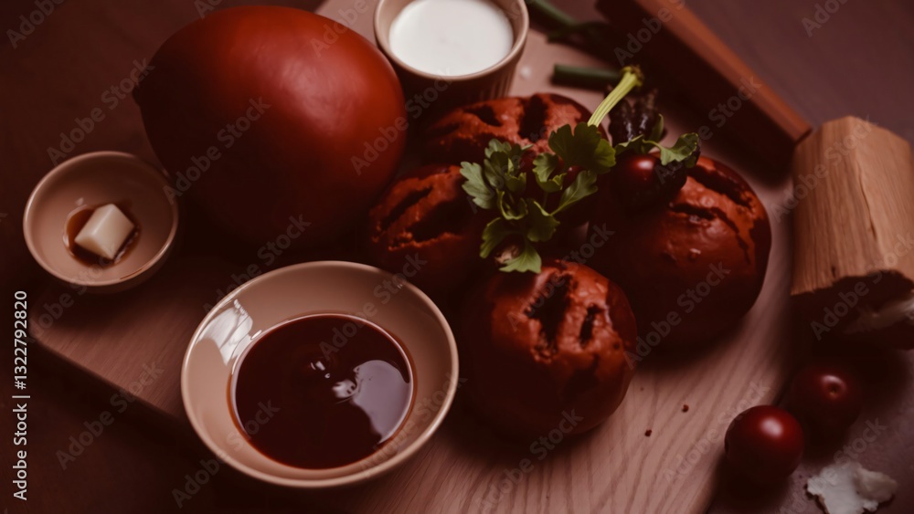 Dark Red Food Styling Still Life Savory Bread Rolls, Sauce, and Cheese Dark Red Food Styling Still Life Savory Bread Rolls, Sauce, and Cheese