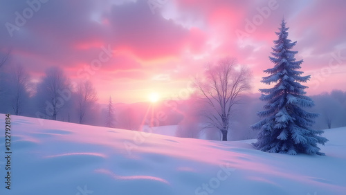 Wallpaper Mural A winter landscape at sunset, with a snow-covered field and frosted trees, showcasing vibrant colors in the sky, evoking peace and the beauty of a serene snowy evening. Torontodigital.ca