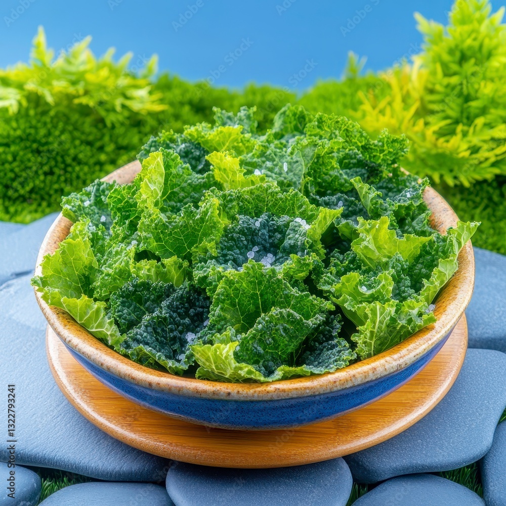 Fresh Green Kale Leaves in a Rustic Bowl on a Vibrant Background Fresh Green Kale Leaves in a Rustic Bowl on a Vibrant Background