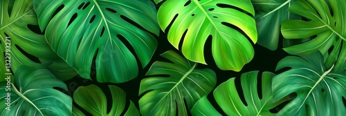 Wallpaper Mural Lush Tropical Monstera Leaves - Vibrant green monstera leaves on a black background. Perfect for tropical themes, summer designs, and nature-inspired projects Torontodigital.ca