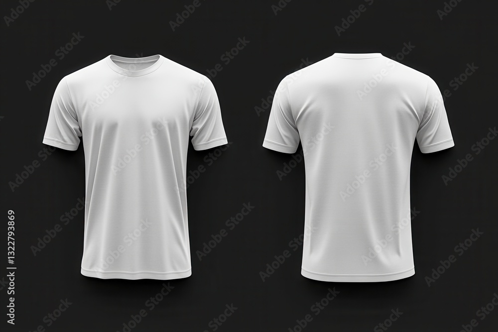Front and back view of a plain white t-shirt displayed against a black background Front and back view of a plain white t-shirt displayed against a black background