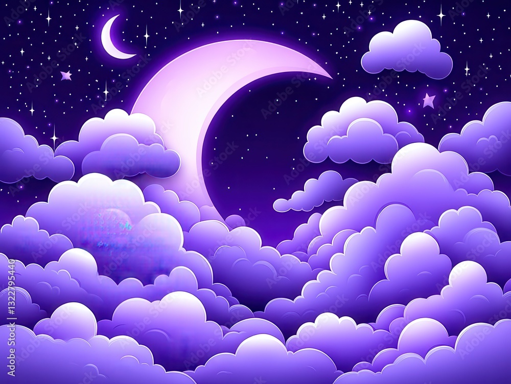Dreamy night sky with purple clouds, crescent moon, and twinkling stars Dreamy night sky with purple clouds, crescent moon, and twinkling stars