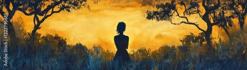 A vibrant painting depicting a serene woman standing gracefully in a lush green field, surrounded by tall trees in the background, under a clear blue sky, radiating tranquility.