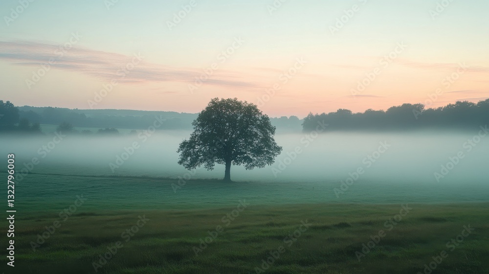 Solitary tree standing in a misty field at dawn. Peaceful and serene landscape. Solitary tree standing in a misty field at dawn. Peaceful and serene landscape.