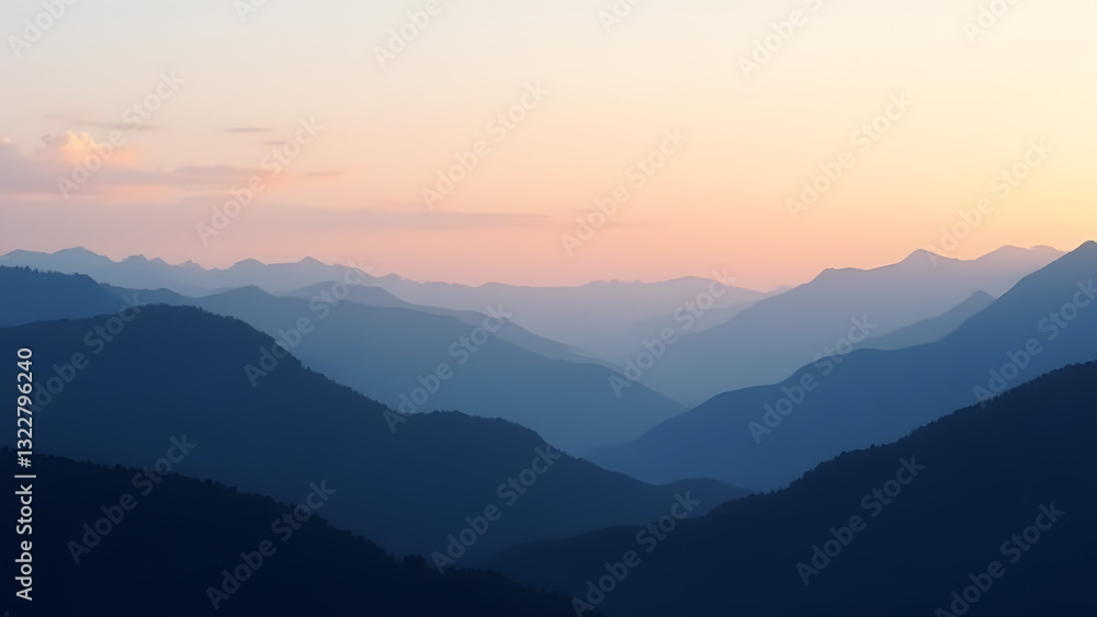 Obraz premium A stunning mountain range at sunset, with layers of peaks and a pastel sky of oranges, pinks, and blues, evoking tranquility and the majestic beauty of nature.