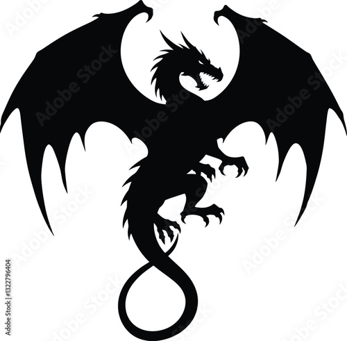 Black Silhouette Dragon Flying Vector - Fantasy Beast Icon for Mythology & Power Designs