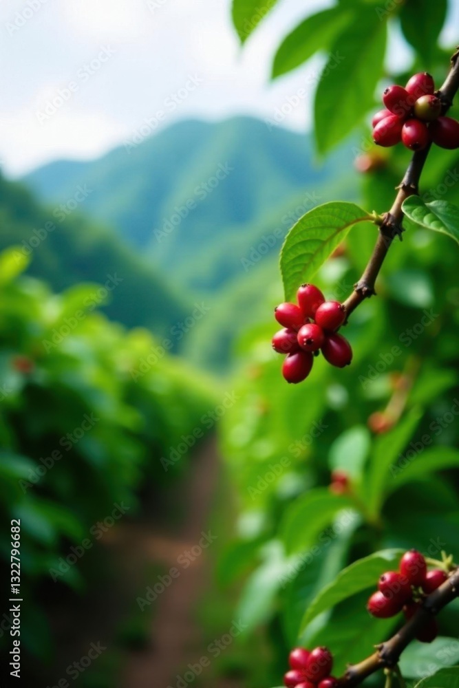 Fototapeta premium Lush green coffee plantation, ripe red coffee cherries on branches , robusta, harvest