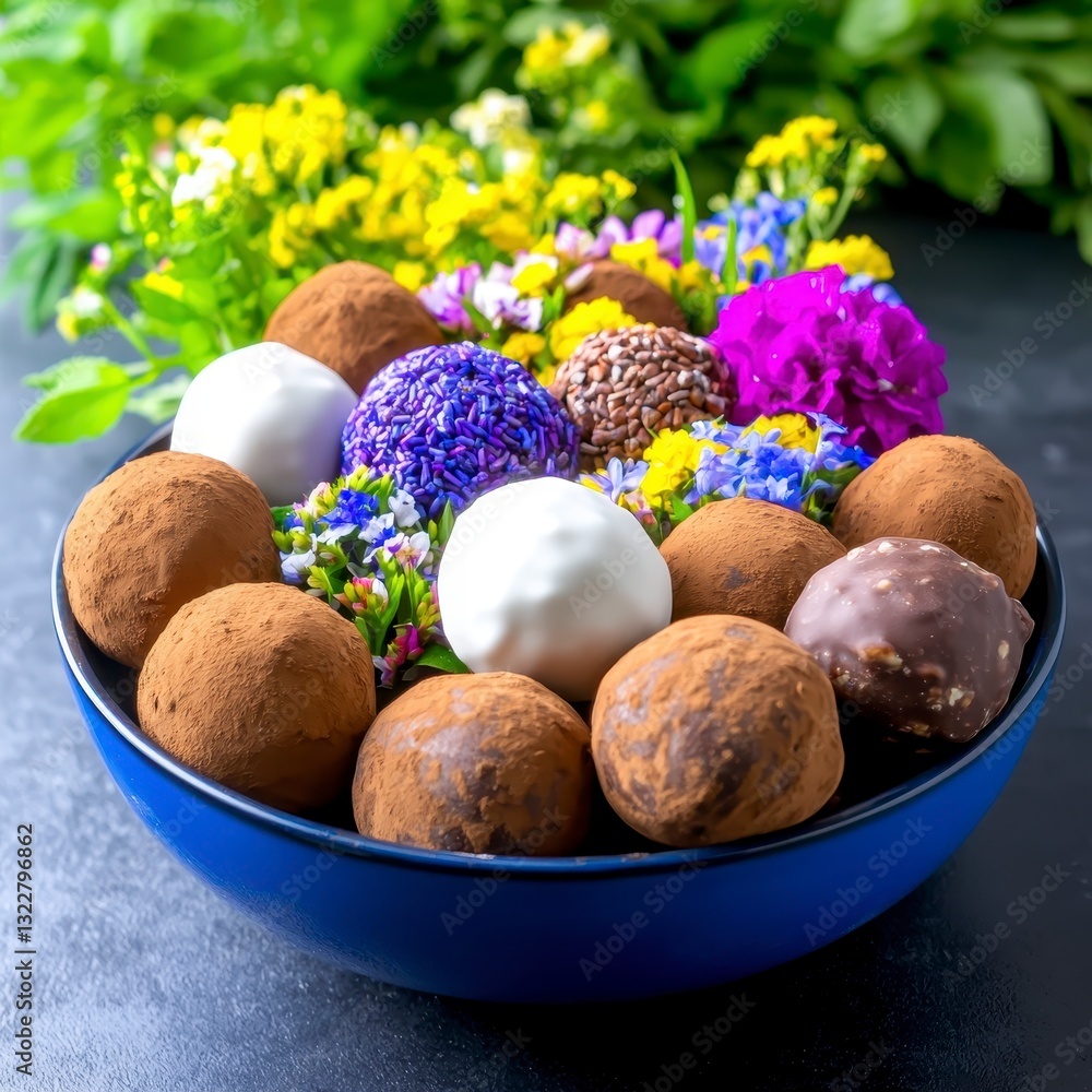 Colorful Dessert Bowl with Chocolate Truffles and Fresh Flowers Colorful Dessert Bowl with Chocolate Truffles and Fresh Flowers