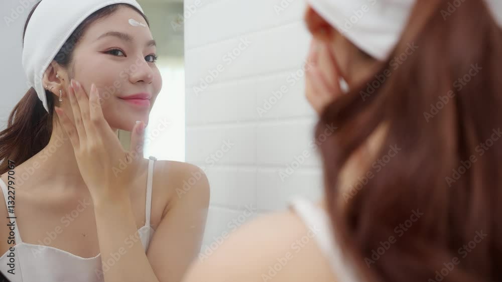 Beautiful young asian woman applying cream or lotion for rejuvenation skin on face while looking mirror in bathroom, woman applying moisturizer for treatment wrinkles on facial, beauty and skincare. Beautiful young asian woman applying cream or lotion for rejuvenation skin on face while looking mirror in bathroom, woman applying moisturizer for treatment wrinkles on facial, beauty and skincare.